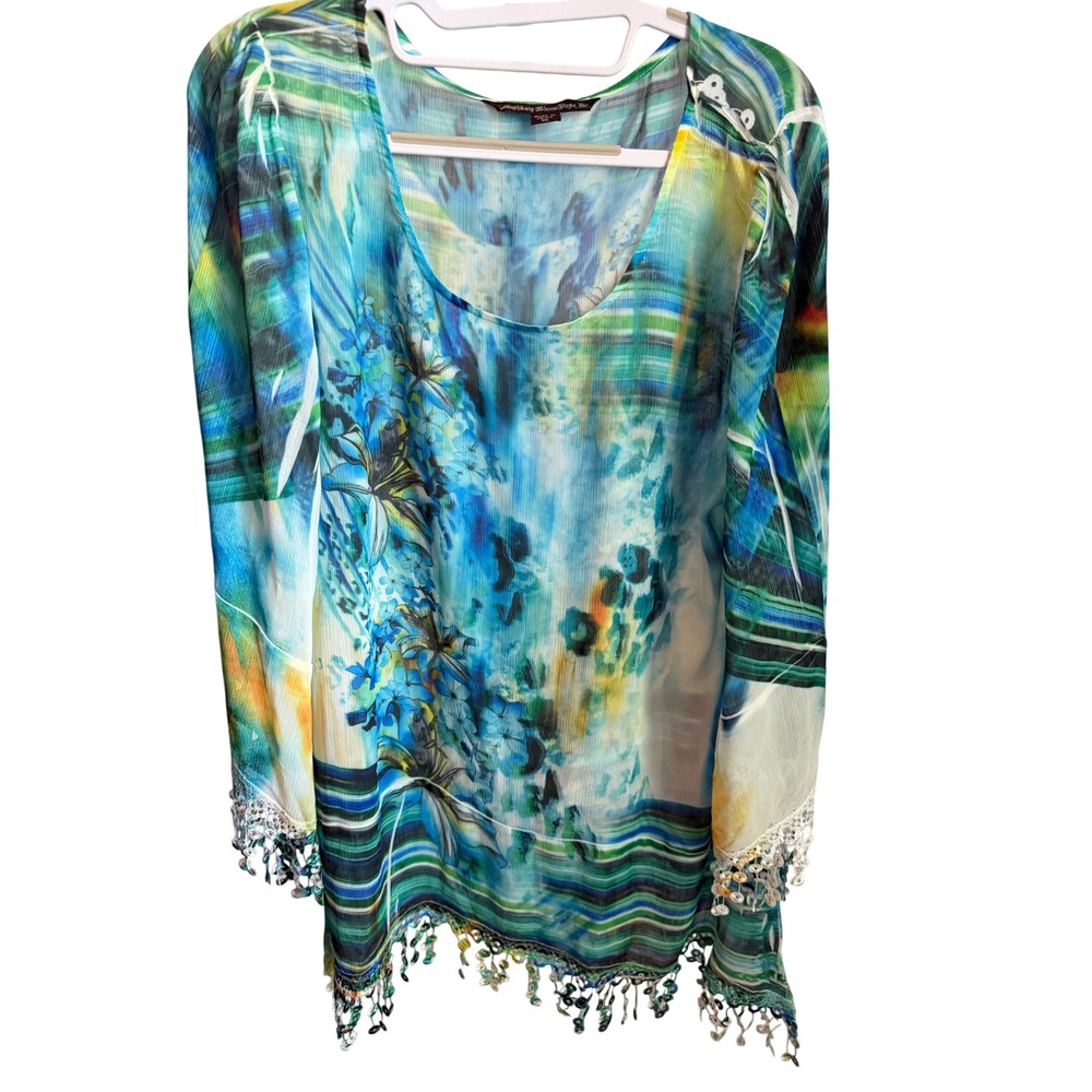 Anshkaby Sienna Rose Abstract Watercolor Floral Sheer Top Sequin Fringe XL